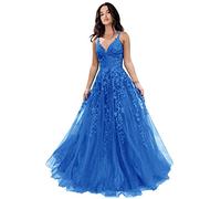 Glitzerndes Tüll-Abschlussballkleid für Damen, Spitzenapplikationen, lang, Ball-Gwons mit Spaghettiträgern, A-Linie, Abendkleider, 2025, Blau, Größe 36, Blau, 38