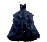 Glitzerndes Tüll Ballkleider mit Spaghettiträgern für Damen, gestuftes, formelles Abendkleid, Partykleid, marineblau, 34