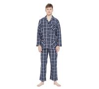 GLOBAL Herren Schlafanzug Lang Baumwolle Pyjama Set Zweiteiliger Nachtwäsche Langarm Shirt V Ausschnitt Taschen Knopfleiste Loungehose Band Nightwear Elegantes Indigo-Karo XXL