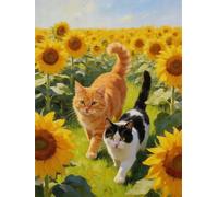 GLTEYACO Erwachsene Kreuzstich Stickpackungen Kätzchen mit Sonnenblumen 11CT Stickvorlagen Stickbilder Zum Vorgedruckt Starter Set FüR AnfäNger 40X50 cm