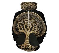 GLUDEAR Herren Vikings Tattoo nordische Mythologie Grafik 3D Druck Hoodie Pullover Sweatshirt Hoodies, Golden Life Tree Yggdrasil, XX-Large