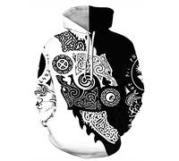 GLUDEAR Herren Vikings Tattoo Norse Mythologie Grafik 3D Druck Hoodie Pullover Sweatshirt Hoodies, Fenrir Wolf Schwarz Weiß, XX-Large