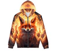 GLUDEAR Unisex Realistischer 3D-Digitaldruck Full Zip Hoodie Jacken Kapuzen-Sweatshirt, Fire Moon Fox, X-Large
