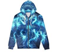 GLUDEAR Unisex Realistischer 3D-Digitaldruck Full Zip Hoodie Jacken Kapuzen-Sweatshirt, Lightning Viking Dragon Cross, Large