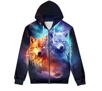 GLUDEAR Unisex Realistischer 3D-Digitaldruck Full Zip Hoodie Jacken Kapuzen-Sweatshirt, Orange Blau Galaxy Wolf, X-Large