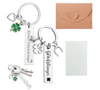 Glücksbringer Schlüsselanhänger 2 Stück Set Metall Anhänger silber mit vierblättrigem Kleeblatt Herz Marienkäfer Hufeisen 5x1,2 cm mit Grußkarte Silvester Neujahr Geschenkidee für Freunde Ko