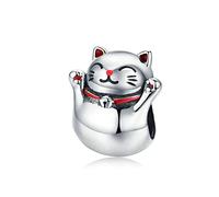 Glückskatze-Charm, 925er Sterlingsilber, Tier-Anhänger, Pfotenabdruck-Anhänger, Geburtstags-Charm für Pandora-Charm-Armbänder (A)