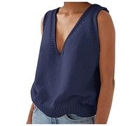 Glücksvogel Damen Pullunder Ärmelloser Strick Weste V-Ausschnitt Strickweste Mädchen Einfarbig Casual Pullunder Pullover Damen Oversize Sweater Winter Strickpullover Tank Top (Dunkelblau, 3XL)