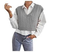 Glücksvogel Damen Weste V-Ausschnitt Pullunder Pullover Crop Top Ärmellos Strickpullover Casual Strickweste Warm Oversize Sweater Winter Herbst Lose Tunika Bluse Shirt Oberteil (Grau, S)