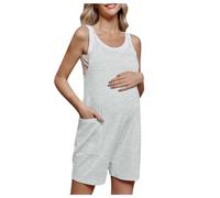 Glücksvogel Jumpsuit Umstands Damen Sommer Locker Nursing Overall Ärmelloser Spaghettiträger Mutterschaft Playsuit Baggy Latzhosen Hohe Taille Stillstrampler Strand Boho Schwangere Romper (Grey, L)