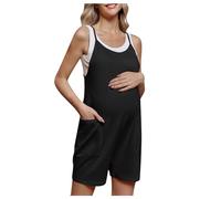 Glücksvogel Jumpsuit Umstands Damen Sommer Locker Nursing Overall Ärmelloser Spaghettiträger Mutterschaft Playsuit Baggy Latzhosen Hohe Taille Stillstrampler Strand Boho Schwangere Romper (Black, XL)