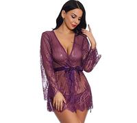 GMDNS Damen-BHS Erotische Dessous, Spitze, Durchsichtige Robe, Knopfleiste, Langärmelige Nachtwäsche, Loungewear,Lila,L