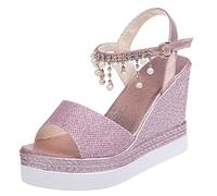 GMRZ Damen Sandalen, Plateau Keilsandalen Frauen Mit Strass Faux Leder Sandaletten Keilabsatz Sommer Peep Toe Flat Form Slingback,Rosa,34