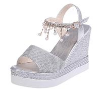 GMRZ Damen Sandalen, Plateau Keilsandalen Frauen Mit Strass Faux Leder Sandaletten Keilabsatz Sommer Peep Toe Flat Form Slingback,Silber,34