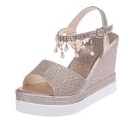 GMRZ Damen Sandalen, Plateau Keilsandalen Frauen Mit Strass Faux Leder Sandaletten Keilabsatz Sommer Peep Toe Flat Form Slingback,Gold,37