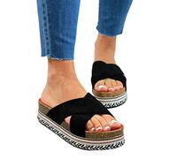 GMRZ Damen Sandalen, Plateau Keilsandalen Slides Casual Sommer Wedge Peep Toe High Heel Plattform Pantoletten Flache Schuhe Strand Frauen Sandaletten,Schwarz,38