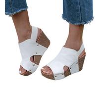 GMRZ Sandalen Für Damen, Sommer Peep-Toe-Sandalen Plateau Mit Absatz Sandaletten Plateau Keilabsatz Wedges Strandschuhe Mode Einfache Schuhe rutschfest,Weiß,36