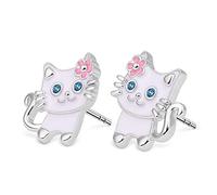 GNOCE Damen Ohrstecker Silber 925 Kinder Weiße Katze mit Blume Eule Gold Plated Hirsch Schmetterling Ohrringe Tiere Set Mode Ohrringe Geschenk für Frauen Mädchen (Katze- Weiße)