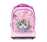Go Pop - Trolley Meowcorn, Rucksack Trolley für Mädchen mit Einhorn-Katzenmotiv, verstärkte Räder, verstellbarer Teleskopgriff, gepolsterte Rückenlehne, abnehmbares Band, Pop-up Stern, mehrere Taschen