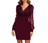 Godoboo Glitzerkleid Damen Silvester Kleid Mini Langarmkleid Elegante Pailletten Kleid Kurze Eng Spitzenkleider Abendkleid Pailettenkleider Sexy Bodyconkleid SilvesterKleid