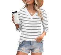 Godoboo Langarmshirt für Damen Elegant T-Shirt mit Dreiviertelärmeln Casual LangärmligesT-Shirt V-Ausschnitt Einfarbig Langarm Oberteil Damen Henleyshirt Basic Tops