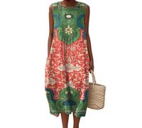 Godoboo Musselin Kleid Damen Sommerkleid Ärmellos Strandkleid Rundhals Blumendruck Kleider Freizeit Boho Midikleid Leicht Locker Luftig Freizeitkleid Casual Lose