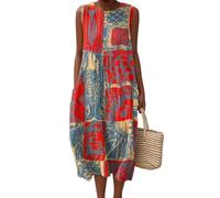 Godoboo Musselin Kleid Damen Sommerkleid Ärmellos Strandkleid Rundhals Blumendruck Kleider Freizeit Boho Midikleid Leicht Locker Luftig Freizeitkleid Casual Lose