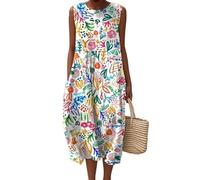 Godoboo Musselin Kleid Damen Strandkleid Vintage Blumendruck Sommerkleid Boho Kleider Rundhalsausschnitt Ärmellos Casual Freizeitkleid Midi Lang Leicht und Luftig