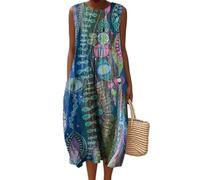 Godoboo Musselin Kleid Damen Strandkleid Vintage Blumendruck Sommerkleid Boho Kleider Rundhalsausschnitt Ärmellos Casual Freizeitkleid Midi Lang Leicht und Luftig
