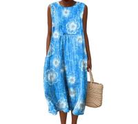 Godoboo Musselin Kleid Damen Strandkleid Vintage Blumendruck Sommerkleid Boho Kleider Rundhalsausschnitt Ärmellos Casual Freizeitkleid Midi Lang Leicht und Luftig