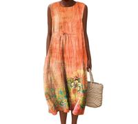 Godoboo Musselin Kleid Damen Strandkleid Vintage Blumendruck Sommerkleid Boho Kleider Rundhalsausschnitt Ärmellos Casual Freizeitkleid Midi Lang Leicht und Luftig