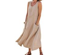 Godoboo Sommerkleid Leinen Kleider Baumwoll Leinen Kleid Ärmelloses Kleid Einfarbig Freizeitkleid Strandkleider Casual Boho Sommerkleid Strandkleid Einfarbig Locker mit Taschen