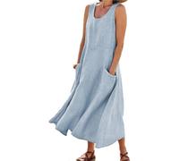 Godoboo Sommerkleid Leinen Kleider Baumwoll Leinen Kleid Ärmelloses Kleid Einfarbig Freizeitkleid Strandkleider Casual Boho Sommerkleid Strandkleid Einfarbig Locker mit Taschen
