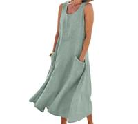 Godoboo Sommerkleid Leinen Kleider Baumwoll Leinen Kleid Ärmelloses Kleid Einfarbig Freizeitkleid Strandkleider Casual Boho Sommerkleid Strandkleid Einfarbig Locker mit Taschen