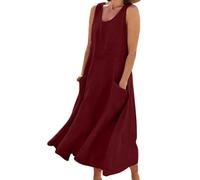 Godoboo Sommerkleid Leinen Kleider Baumwoll Leinen Kleid Ärmelloses Kleid Einfarbig Freizeitkleid Strandkleider Casual Boho Sommerkleid Strandkleid Einfarbig Locker mit Taschen