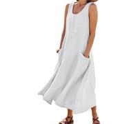 Godoboo Sommerkleid Leinen Kleider Baumwoll Leinen Kleid Ärmelloses Kleid Einfarbig Freizeitkleid Strandkleider Casual Boho Sommerkleid Strandkleid Einfarbig Locker mit Taschen