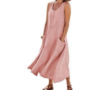 Godoboo Sommerkleid Leinen Kleider Baumwoll Leinen Kleid Ärmelloses Kleid Einfarbig Freizeitkleid Strandkleider Casual Boho Sommerkleid Strandkleid Einfarbig Locker mit Taschen