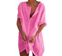 Godoboo Strandkleid Damen Sommerkleid Damen Leinenkleider Casual Kurzarm Freizeitkleid Midikleid Kurzarm A-Linie Kleid Ohne Zubehör Bikini Cover Up Strandponcho Damen Bademode Strand Vertuschen Shirt