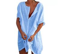 Godoboo Strandkleid Damen Sommerkleid Damen Leinenkleider Casual Kurzarm Freizeitkleid Midikleid Kurzarm A-Linie Kleid Ohne Zubehör Bikini Cover Up Strandponcho Damen Bademode Strand Vertuschen Shirt