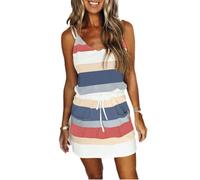 Godoboo Strapskleid Damen Locker Geschnittenes Sommerkleid Strandkleid V-Ausschnitt Ärmelloses Mini Freizeitkleid Trägerkleid Bdrucktes Streifenkleid