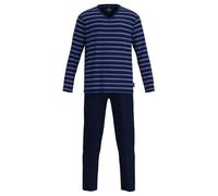 GÖTZBURG Herren Schlafanzug, lang - V-Ausschnitt, gestreift, offene Bündchen, Baumwolle, Pyjama Blau / 2XL XXL Blau