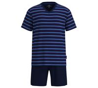 GÖTZBURG Herren Schlafanzug, kurz - Shorty, V-Ausschnitt, gestreift, Baumwolle, Pyjama Blau / L L Blau