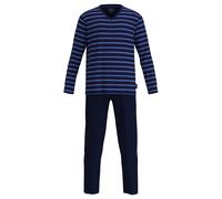 GÖTZBURG Herren Schlafanzug, lang - V-Ausschnitt, gestreift, offene Bündchen, Baumwolle, Pyjama Blau M