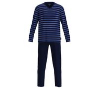 GÖTZBURG Herren Schlafanzug, lang - V-Ausschnitt, gestreift, offene Bündchen, Baumwolle, Pyjama L Blau