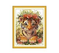 Gofission Kreuzstich Set Vorgedruckt Stickpackungen, Tiger mit Einer Girlande aus Blumen 14ct Stickset 37x47cm mit Stoff Vorlagen für Erwachsene Anfänger