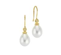 Gold 14 Karat Perlen-Ohrringe Ohrhänger mit Perlen Ohrschmuck 585 Gold und einem kleinen Diamant/Brillant für Damen - Made in Germany