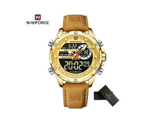 (Gold Braun) NAVIFORCE Top Luxus Marke Herren Uhr Analog Digital Leder Sport Army Military Chronograph