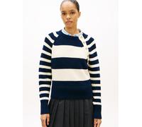Strickpullover TOMMY HILFIGER "GOLD BTN UTILITY LS C-NK SWT", Damen, Gr. S (36/38), big brt stp schwarz night, calico, Strick, Obermaterial: 100% Baumwolle, gestreift, regular fit normal, Rundhals, Pu