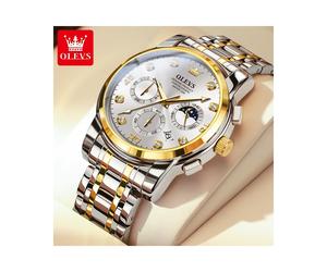 (Gold Weiß 2889) OLEVS Original Herrenuhr Quarz Chronograph Mondphase Datum Leuchtend Wasserdicht Luxus