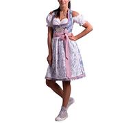 Golden Trachten-Kleid Dirndl Damen 3 TLG, Midi für Oktoberfest, mit Schürze und Bluse Fernblau geblümt 536GT (36)